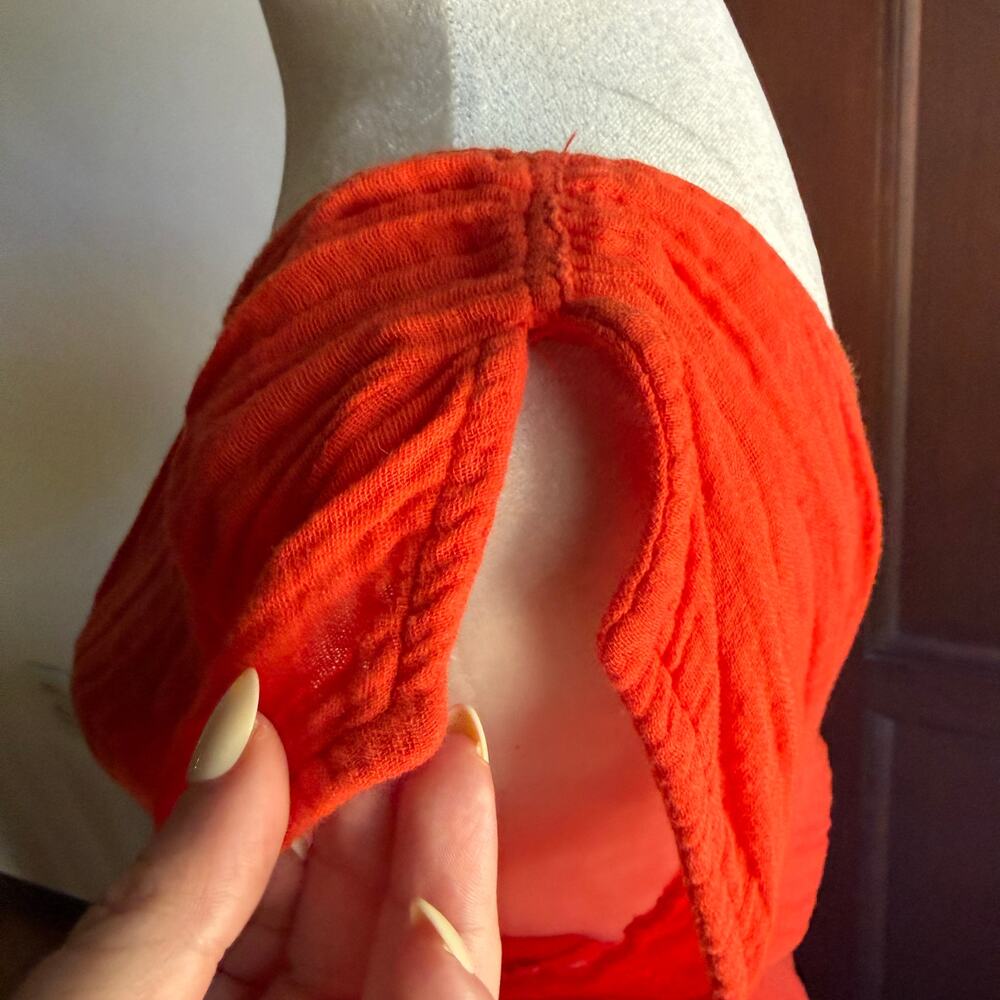 FELICITÉ Red Orange Gauze Smocked Tiered Midi Length Cap Sleeve Dress XS - Picture 4 of 7